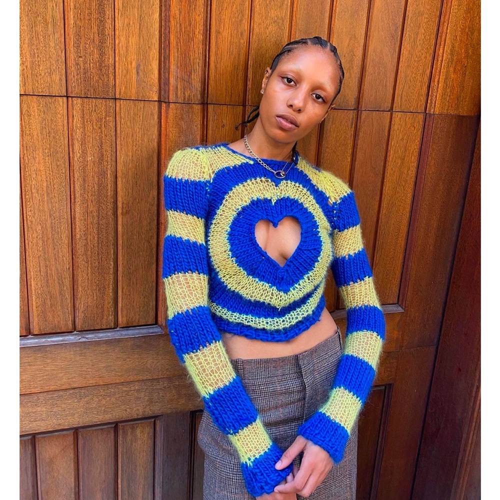Lirika Matoshi Blue & Gold Yellow Keyhole Heart Striped Sweater